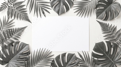 Minimal Gray Tropical Leaves Frame on White Background with Elegant Botanical Border and Copy Space