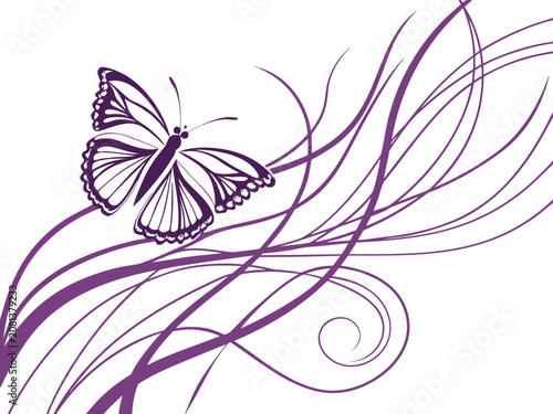 Elegant purple butterfly silhouette with decorative flowing lines in a beautiful artistic vector illustration style design