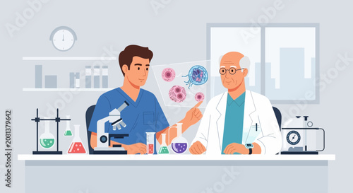 Scientists Collaborate in Lab, Researching Cells and Molecules