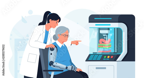 Senior patient with robotic arm and scientist using 3D medical printer