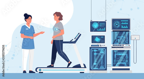 Woman Undergoing Treadmill Stress Test with Medical Professional and Monitors