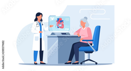 Doctor explaining heart health to elderly patient on monitor illustration