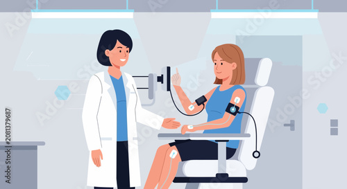 Medical research: Doctor checks patient with sensor equipment in laboratory