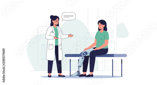 Doctor consulting patient with futuristic prosthetic leg in clinic