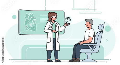 Doctor explaining heart model to patient in futuristic medical clinic