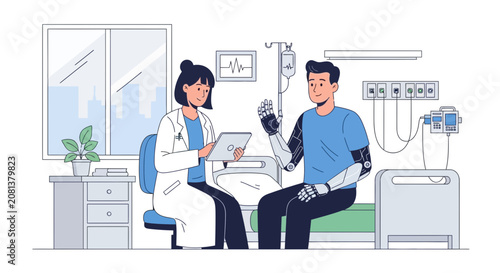 Doctor examines patient with prosthetic arm in hospital room, modern medicine