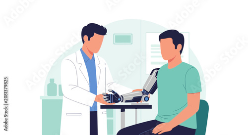 Doctor examines patient's advanced prosthetic arm in medical clinic