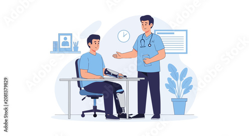 Doctor examining patient wearing prosthetic leg in clinic, healthcare concept