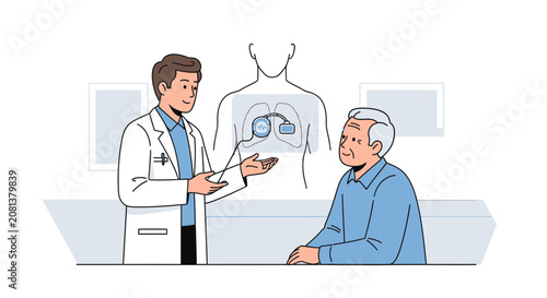 Doctor explaining pacemaker implant to senior patient, medical illustration