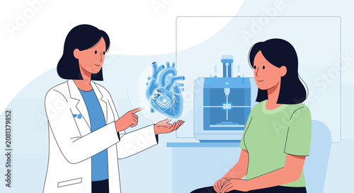 Doctor explains digital heart hologram to patient next to 3D printer