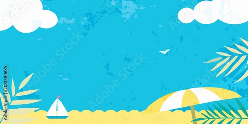 Canvas Print summer beach scene with sailboat and umbrella vector illustration palm leaves cl