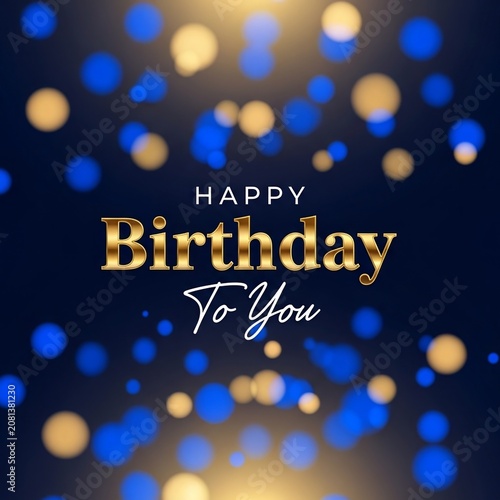 Festive happy birthday celebration background with golden luxury typography and blurred glowing blue and gold bokeh lights for party greetings