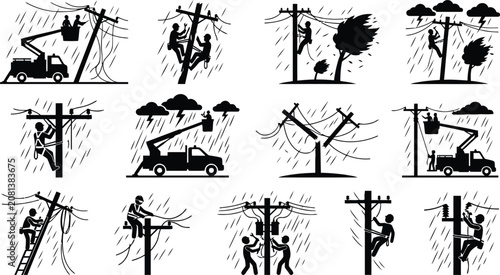 Fotografie Electricians working on power lines during storm