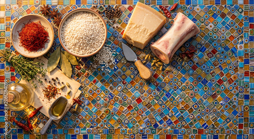 Saffron and rice ingredients on colorful Murano glass mosaic, 