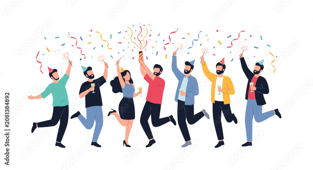 Obraz premium Group of happy young people in party hats celebrating with drinks, sparklers, and confetti at a festive gathering.