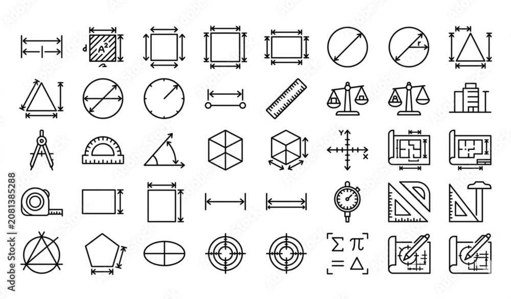 Fototapeta premium Measurement and Geometry Outline Icons Set - Architecture, Engineering and Math Symbols Collection