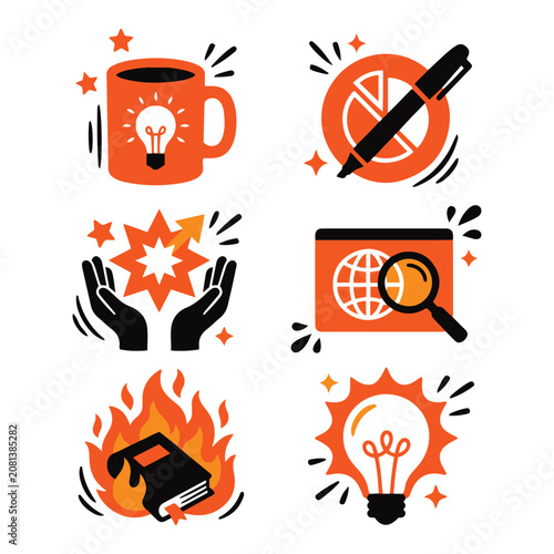6 creative business icons in bold orange and black. Includes coffee idea mug, analytics pen with pie chart, growth support hands, web search browser, burning book disruption and big idea lightbulb.