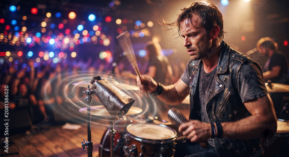 Obraz premium A dynamic action shot of a percussionist performing at a high-energy rock concert, capturing the rapid, blurred motion of the drumstick striking the cowbell, with a soft, bokeh-filled background