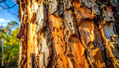 Close-up of textured tree bark in golden sunlight within a peaceful forest setting