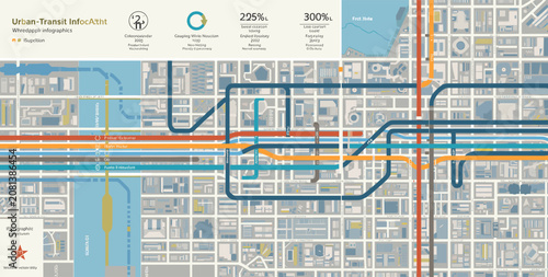 Foto Detailed infographic illustrating an urban transit infrastructure map with multiple subway and bus lines overlayed on a city grid, featuring statistical data