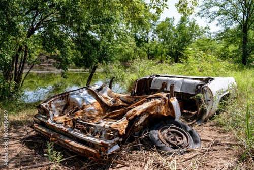 Old abandoned rusty car wreck in a forest