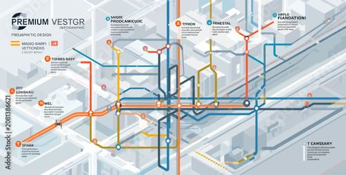 Isometric city map with detailed subway and metro lines, showing complex urban transportation network and connections.