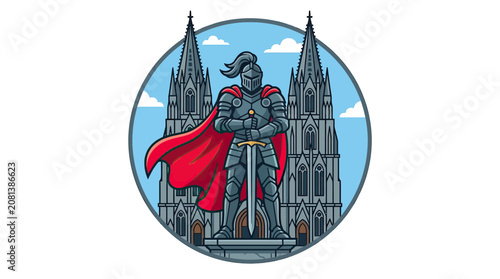 Canvas Print Medieval Knight in Armor with Sword and Red Cape in Front of Gothic Cathedral