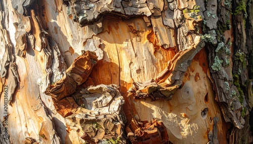 Natural background texture of rough peeling tree bark with weathered organic patterns under warm sunlight