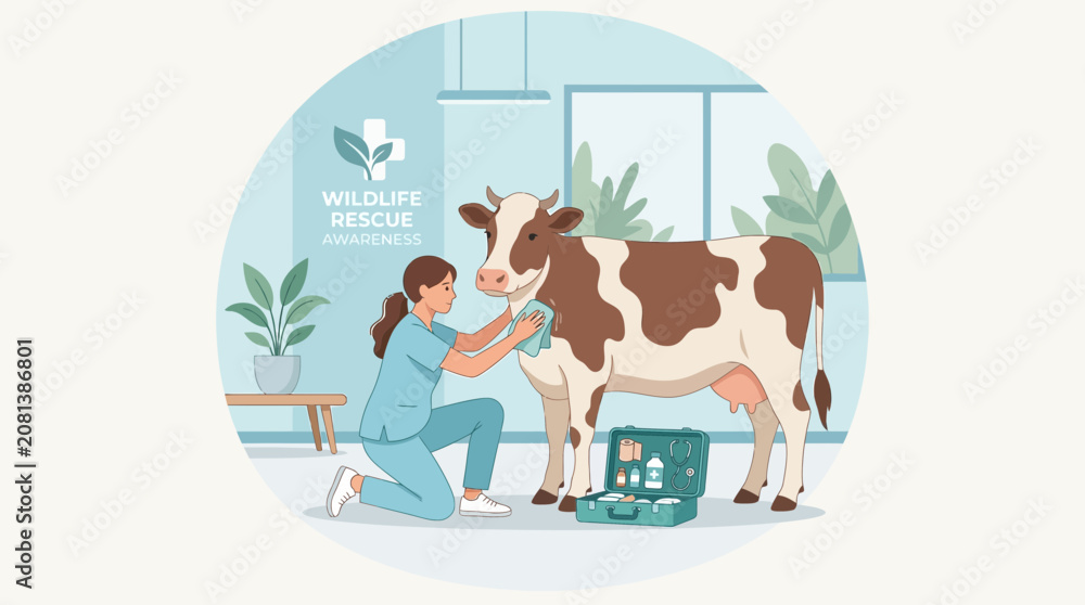 Fototapeta premium Veterinarian tending to a cow in a clinic, wildlife rescue concept