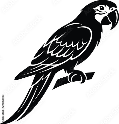Φωτογραφία A black and white vector illustration of a parrot perched on a branch, showcasing its vibrant feathers and distinctive beak in a striking graphic design