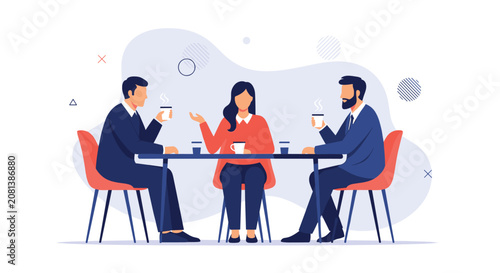 Group of professional business colleagues sitting around a table having a casual discussion while drinking hot coffee in an office setting.