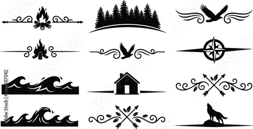 Quadro su tela Set of outdoor adventure text dividers and wild nature silhouettes isolated on w