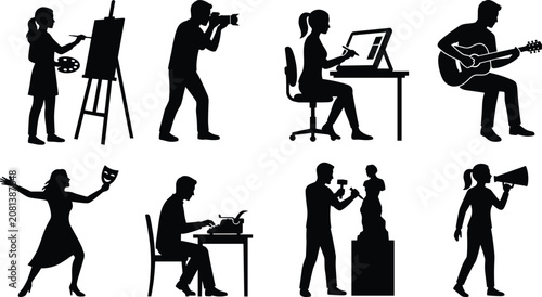 Fotografie Creative arts and media professions silhouette set featuring painter photographe
