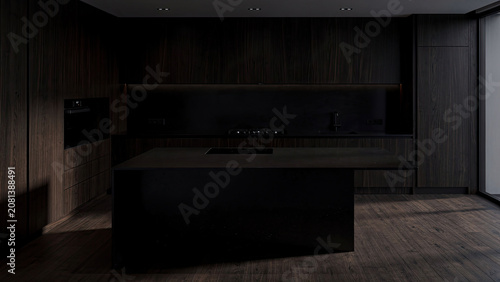Dark Modern Kitchen with Black Island and Wood Panels