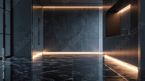 Modern Dimly Lit Kitchen Lobby with Glossy Marble Floor and Under Cabinet Lighting