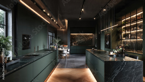 Dark Green Kitchen Island Modern Marble Countertops Elegant Lighting