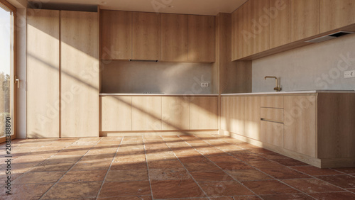 Bright Modern Kitchen with Wooden Cabinets and Stone Countertops