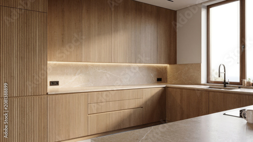 Warm Modern Kitchen with Wood Paneled Cabinets and Marble Countertops