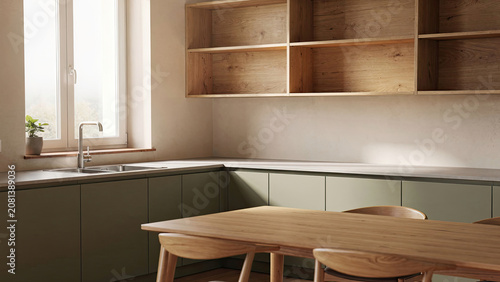 Rustic Modern Kitchen with Wood Shelves and Dining Table