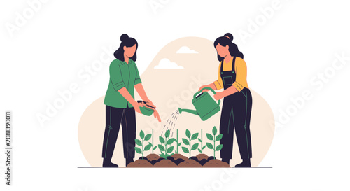 Two women tending seedling plants in garden, watering and planting seeds
