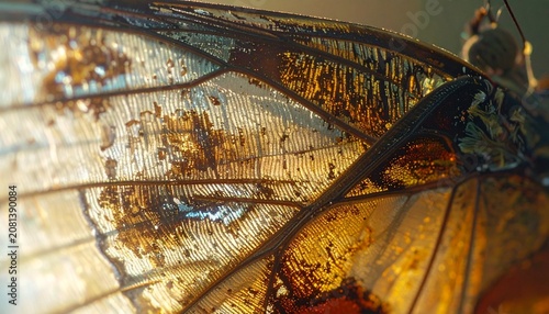 Macro detail of amber butterfly wing with translucent texture and veins