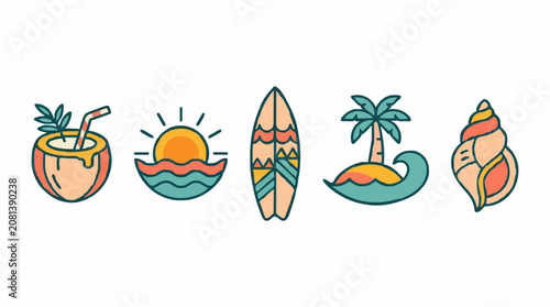 Photography Retro beach vacation elements including surfing and tropical motifs