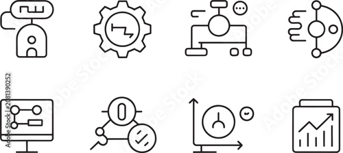 Charts and diagrams display analytical data trends, organizational structures, and strategic performance metrics in a professional set of black line art icons for corporate presentations.