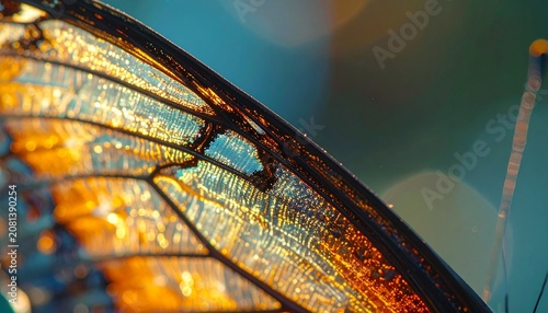 Macro shot of intricate golden butterfly wing showing delicate translucent textures and vein patterns against a soft bokeh background