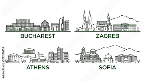Foto European City Skylines: Bucharest, Zagreb, Athens, Sofia Line Art