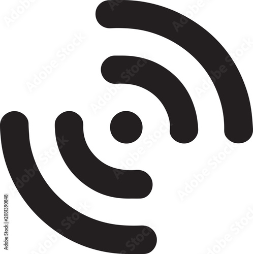 Wifi symbol signifies wireless internet connectivity and digital communication technology which is represented by a bold black circular icon isolated on a clean white background for modern branding.