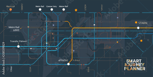 Fotografie A detailed digital map illustrating a smart journey planner for a metro rail public transport network with various stations and routes