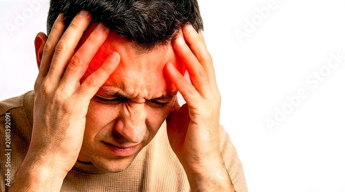 Man pressing both sides of his head with red glowing highlights on temples, symbolizing severe headache, migraine pain, high blood pressure, or psychological stress.
