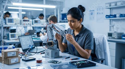 Woman engineer building robotic arm in high tech lab