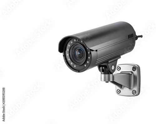 Gray surveillance security camera mounted on wall isolated on a transparent background